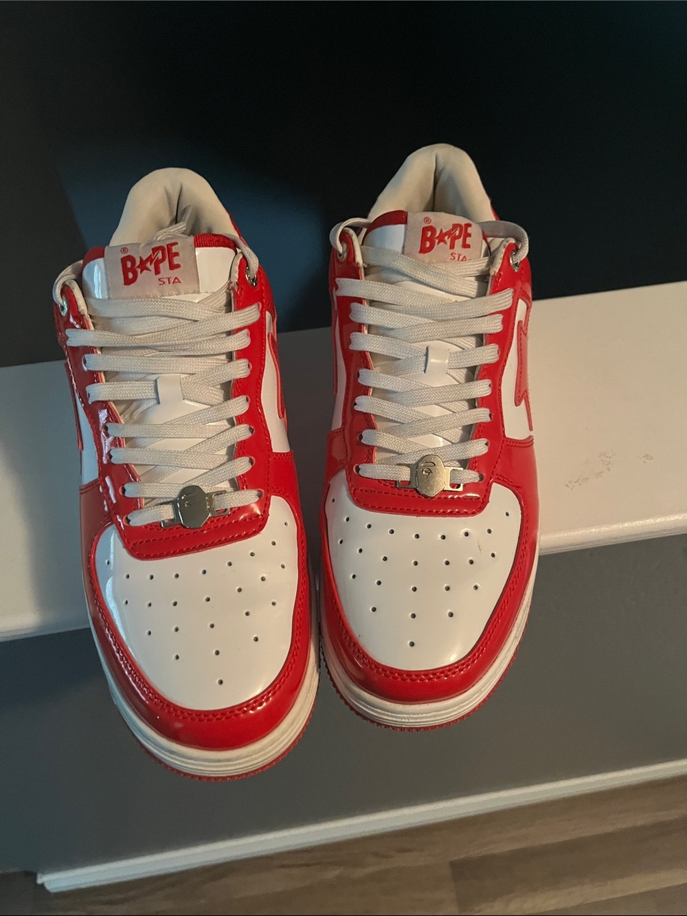 Bape Red and White Low-Top Sneakers